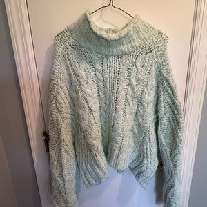 Anthropologie Light Green Cable Knit Turtleneck Sweater